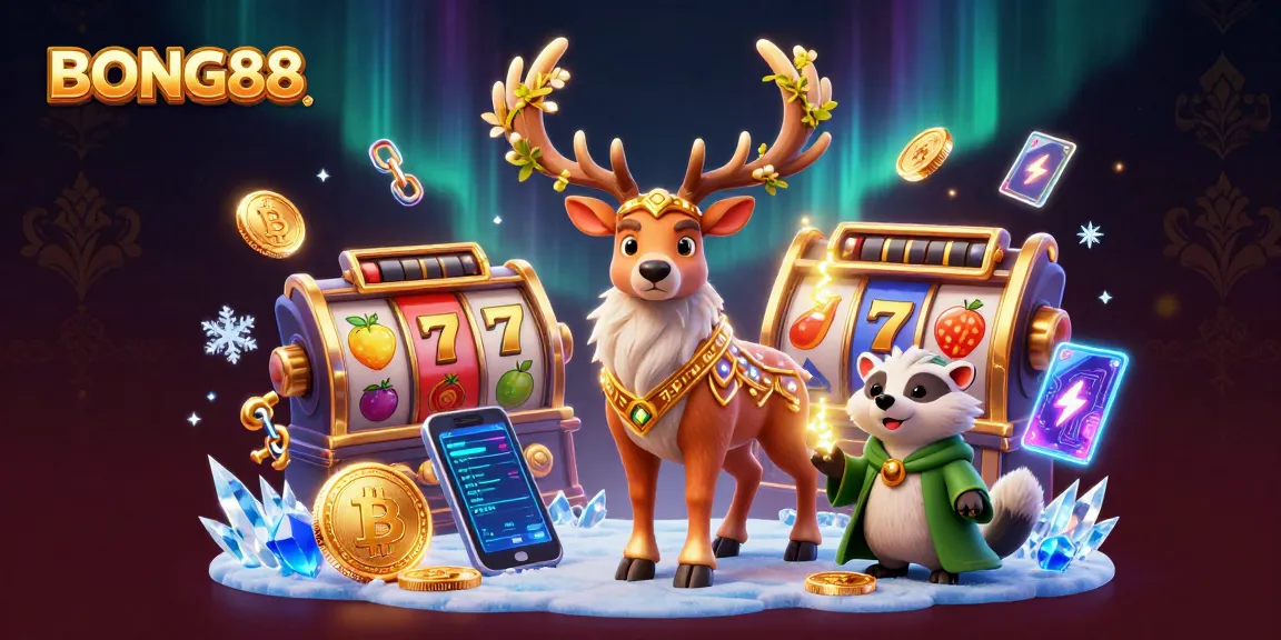 BONG88 showcases an enchanting casino scene with a druid stag, badger, and colorful slot elements.