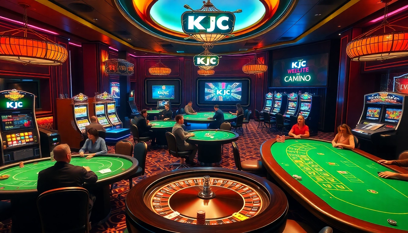 KJC branded luxury casino scene featuring lively poker games and vibrant slot machines.