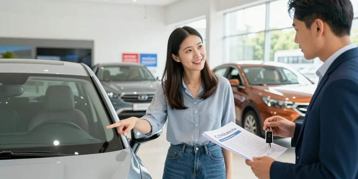 Couple exploring used car warranty options at dealership, highlighting vehicle features.