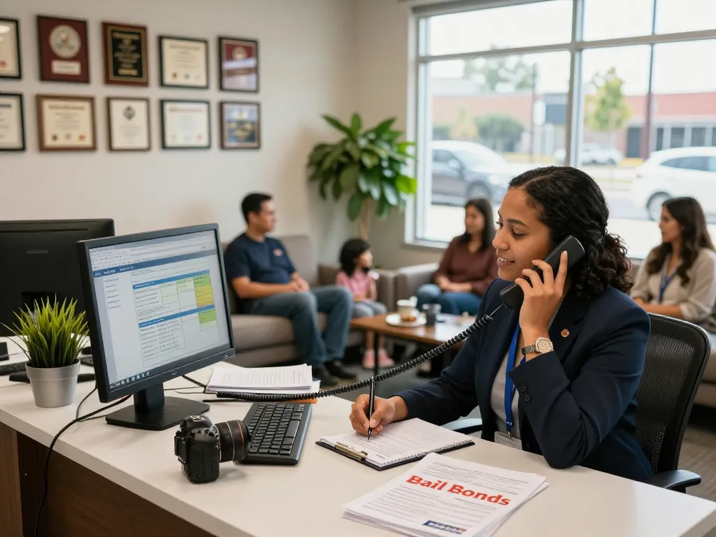Bail Bonds customer service agent assisting clients in a welcoming office environment at Midnight Bail Bonds in San Bernardino.