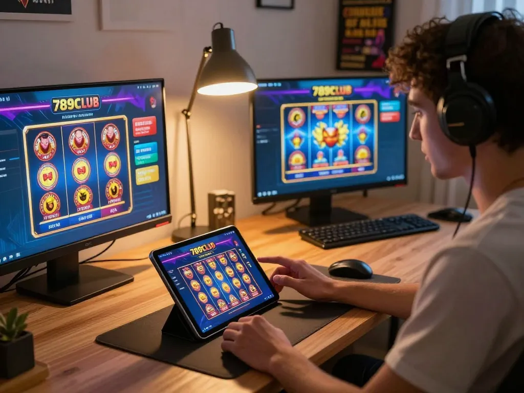 Engaged player using 789CLUB app for online gambling in a cozy home office.