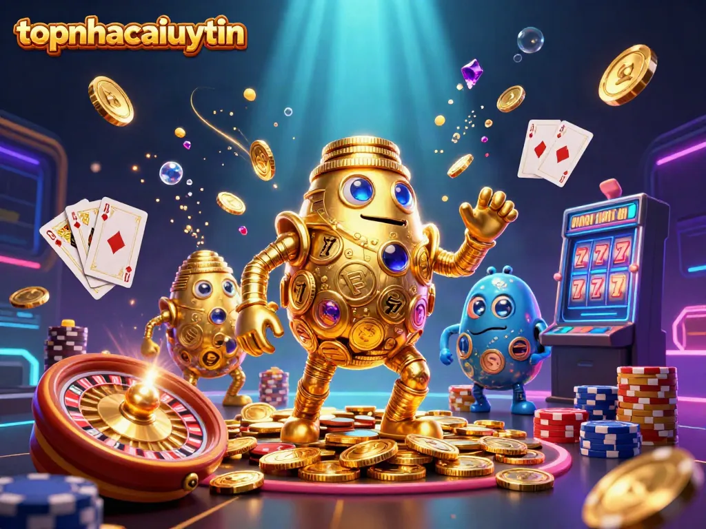 Experience the exhilarating gaming scene at topnhacaiuytin featuring vibrant symbols, coins, and characters.