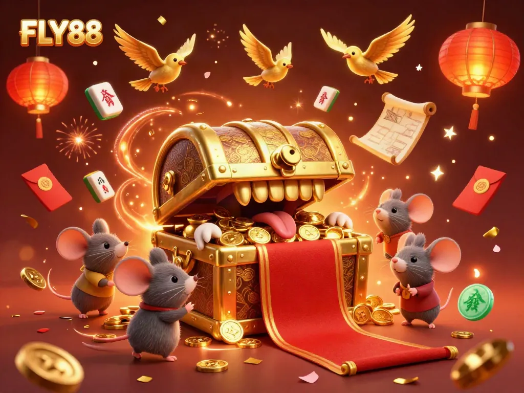 Experience the thrill of FLY88's casino games with treasures and animated scenes filled with excitement.