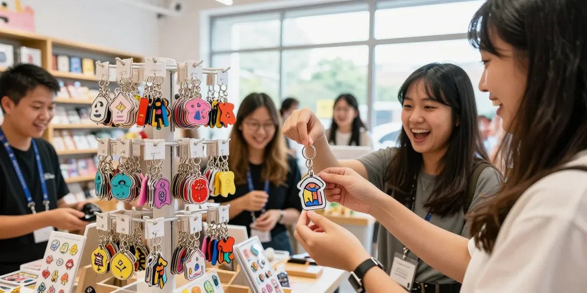 Colorful personalized keychains displayed in a retail store, showcasing unique designs and customer engagement.