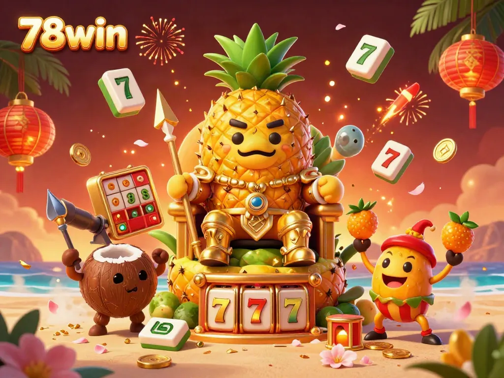Experience the vibrant world of 78win with our colorful beach casino scene, featuring an engaging pineapple king and gaming elements.