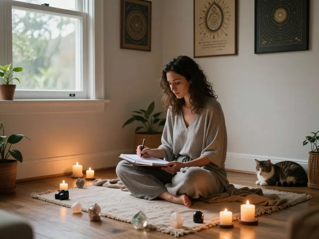 Women exploring why do I attract emotionally unavailable partners during an introspective Akashic session filled with crystals, candles, and calming art.