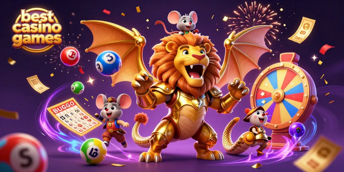 Experience the excitement of best casino games with a triumphant chimera in golden armor, lottery elements, and dynamic confetti.