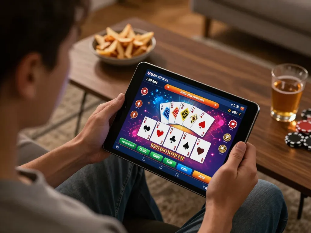 Engaged player checks out the exciting 789 bet gaming interface on a tablet in a cozy home setup