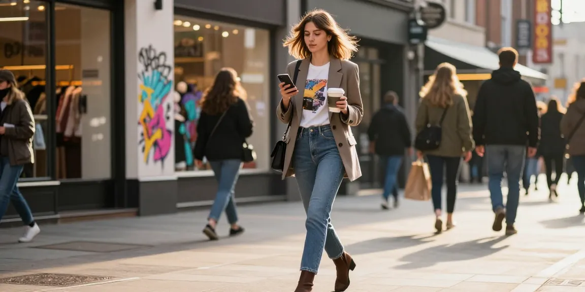A stylish woman in a chic outfit enjoys the city while capturing content for her fashion blog during sunset.
