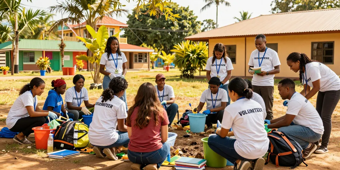 Interactive community volunteering moment showcasing IVQ participants at a vibrant project site.