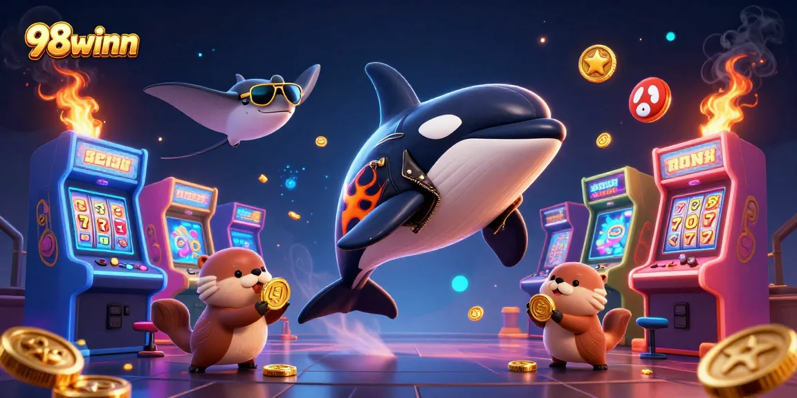 Engage in gaming excitement with 98winn's playful 3D casino characters amidst vibrant slot game elements.