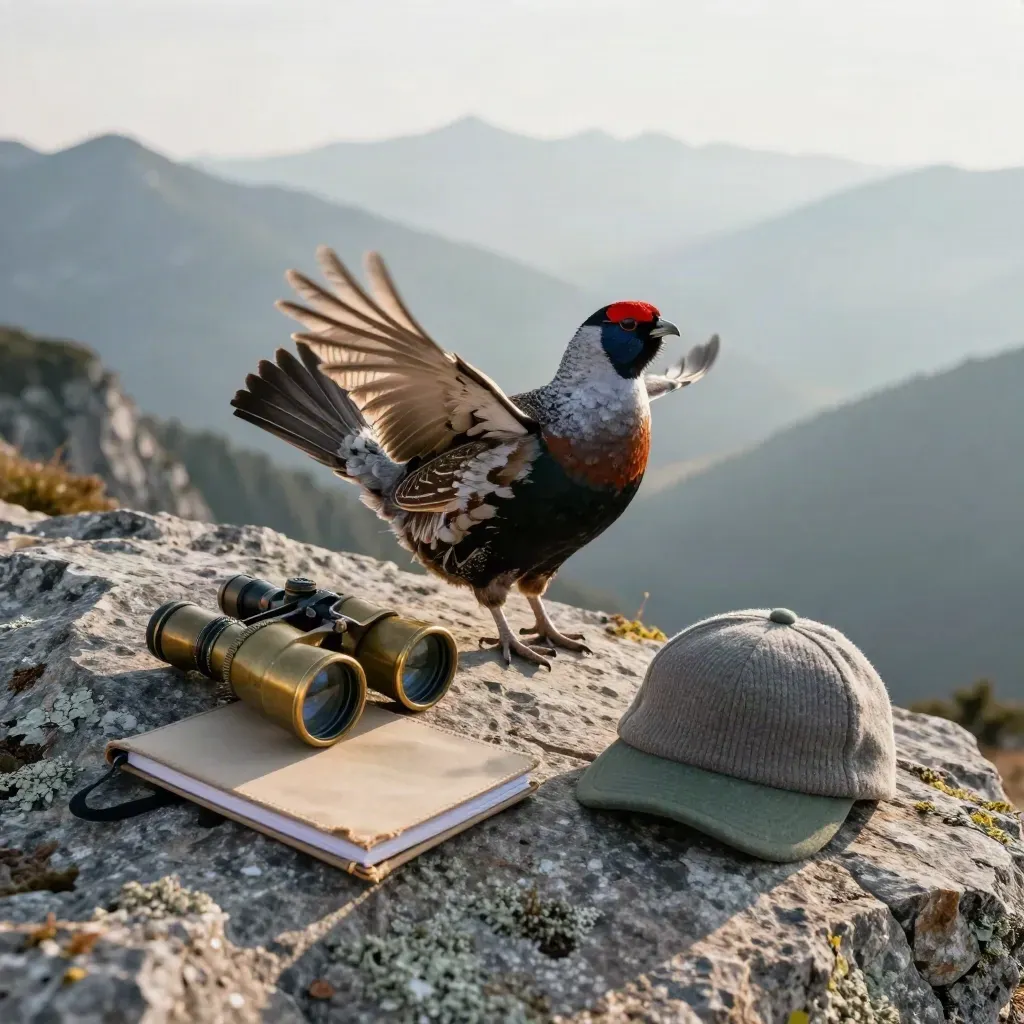 Ruffed grouse flushing from granite ledge beside binoculars and spotting scope in alpine mist.