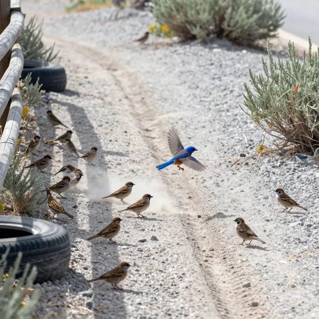Bluebird and sparrows burst along a dusty trailhead fence in bright light.