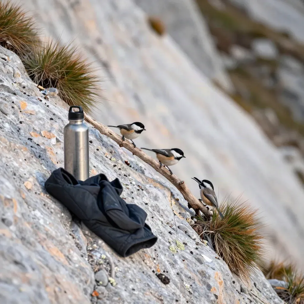 Mountain chickadees on an alpine switchback with trail gear, windblown grass, and warm granite light