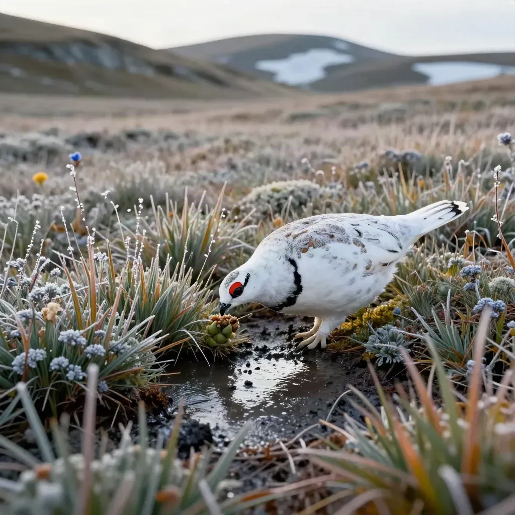 Ptarmigan pecking seed heads beside a melt pocket in an alpine meadow.