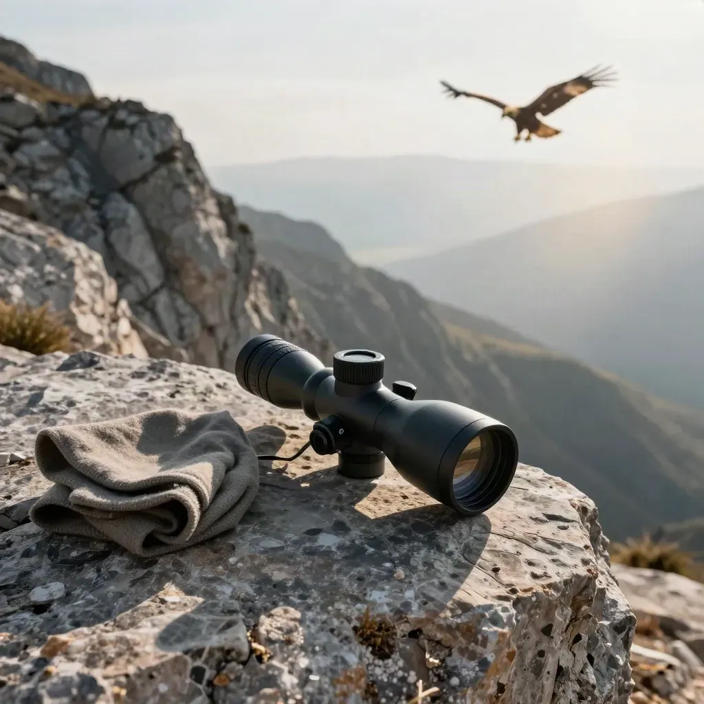 Spotting scope on a basalt overlook with a golden eagle circling a distant ridge