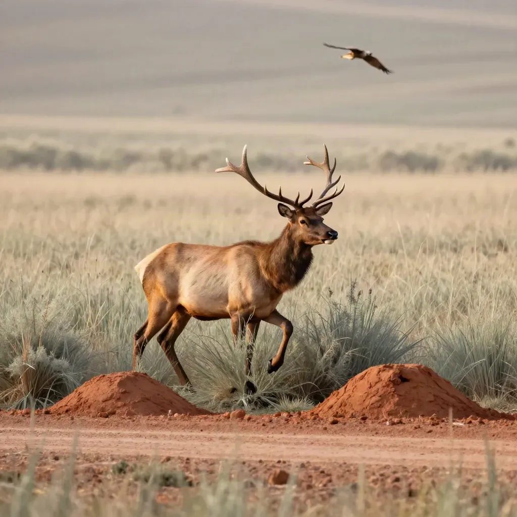 Elk cow steps from willow into a high meadow as a raptor circles above a low mountain road.