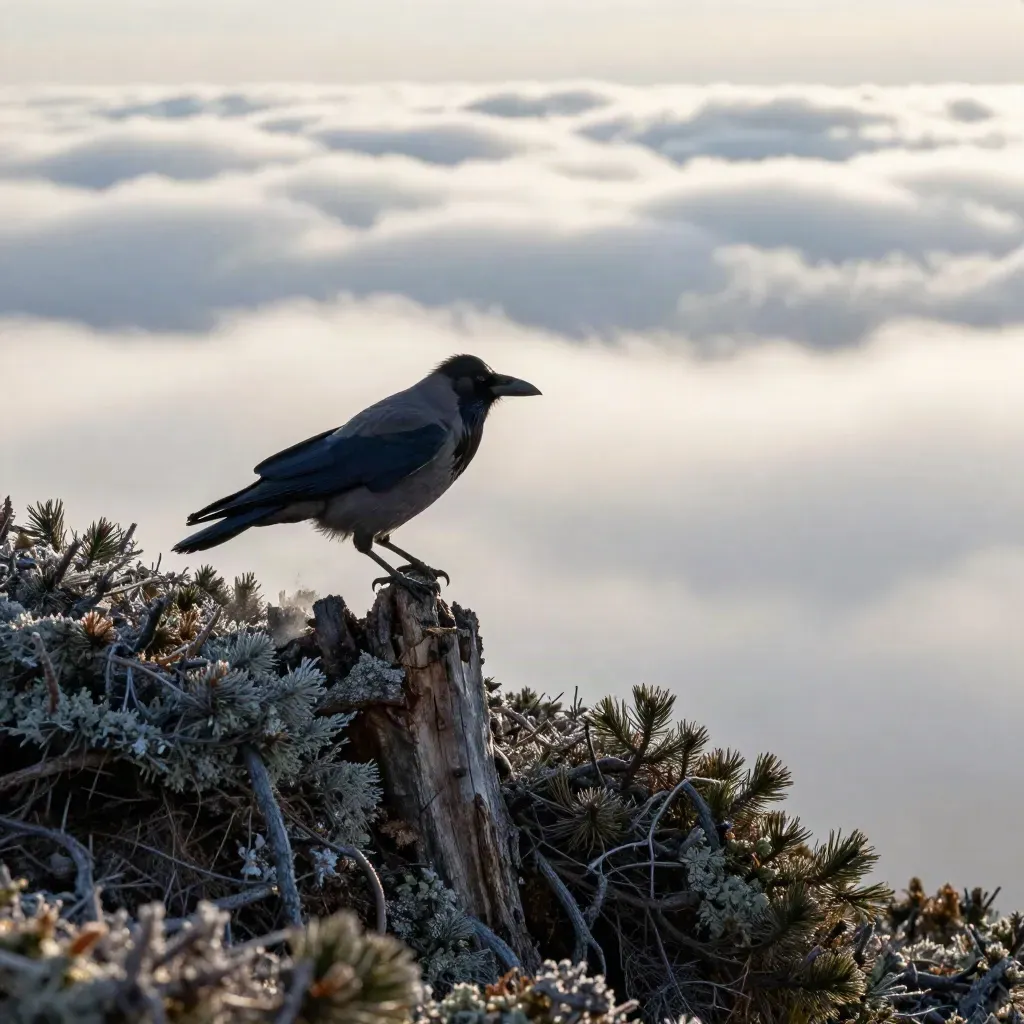 Raven landing as a gray jay lifts from a stump on a windy alpine ridge under low cloud.
