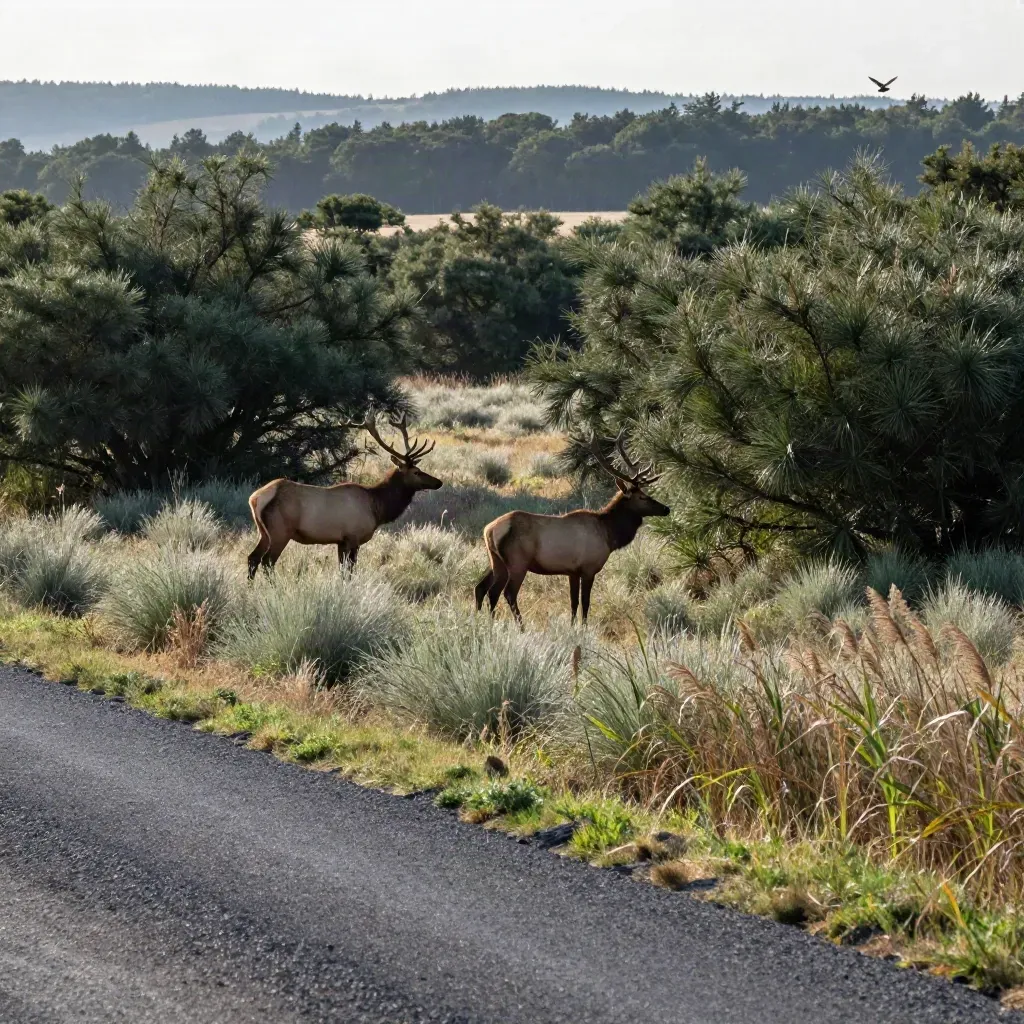 Elk step from willows beside a road, with marsh grass and a circling raptor beyond.