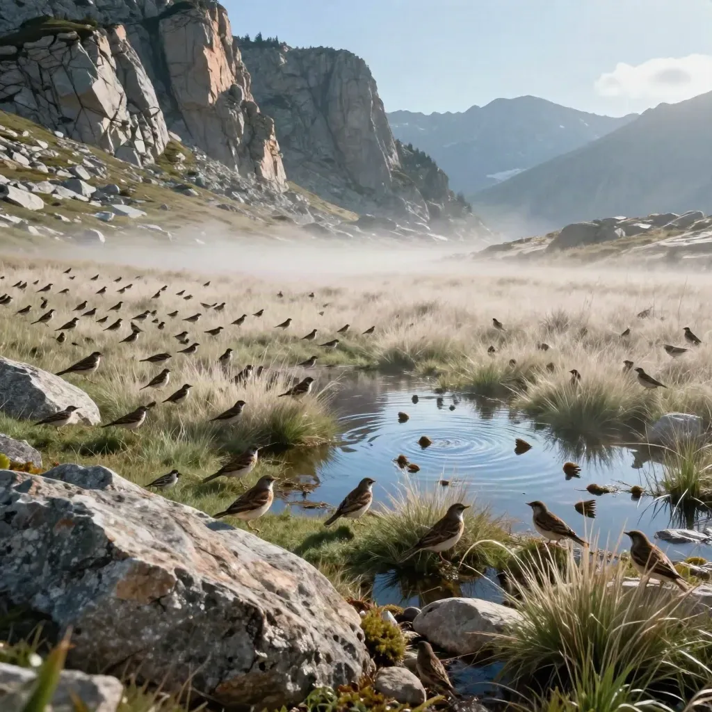 Thrushes and sparrows feeding beside snowmelt pools in a misty alpine basin at sunrise.
