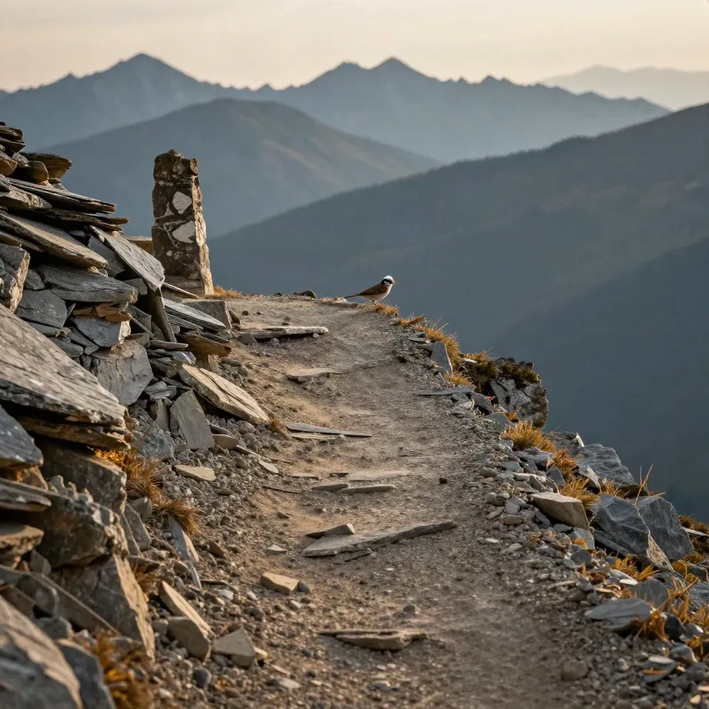 Sparrow on a cairn beside a scree ridge trail with distant peaks in haze