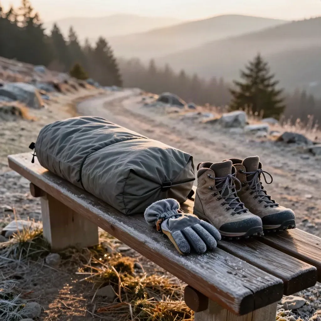 Frosted trail bench with gloves, a down layer, dry sack, and boots at sunrise