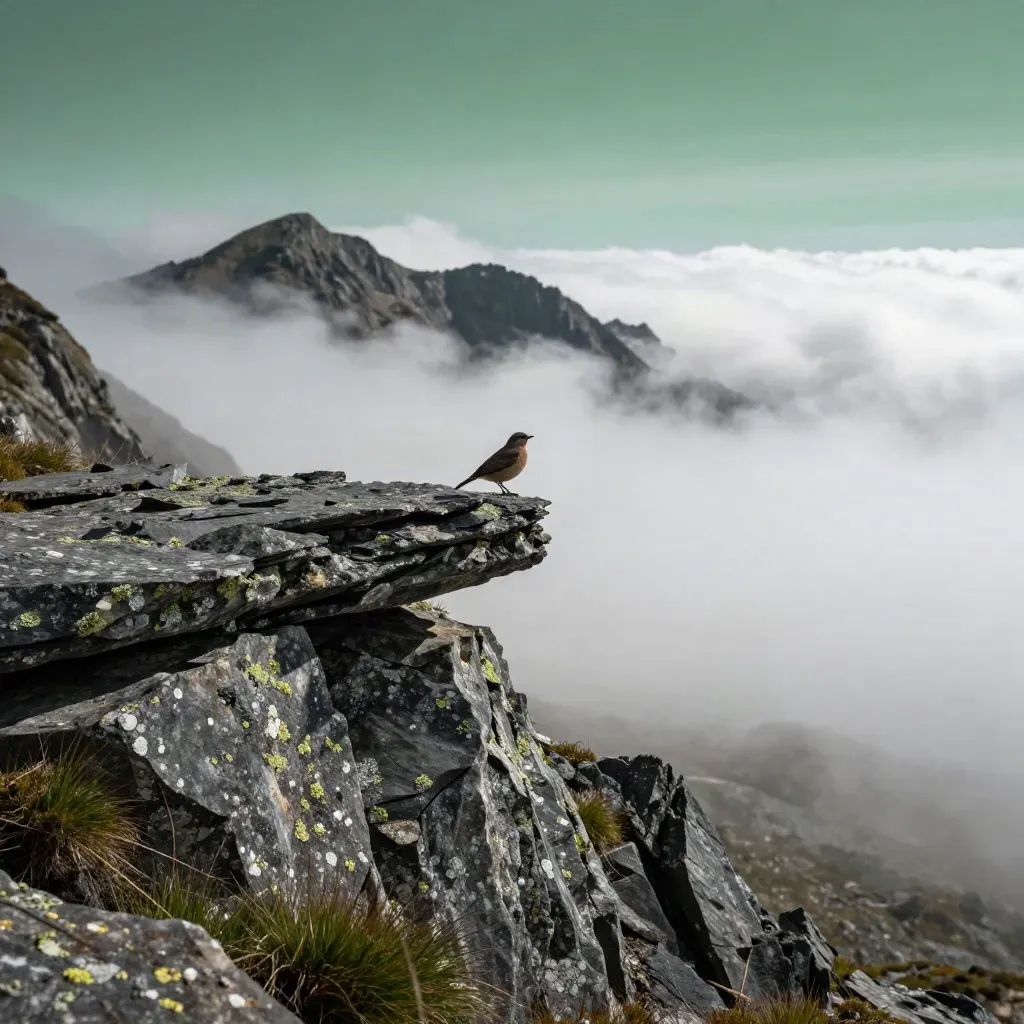 Bird on a granite ridge above moving clouds, alpine grass and layered rocks in dramatic mountain light.