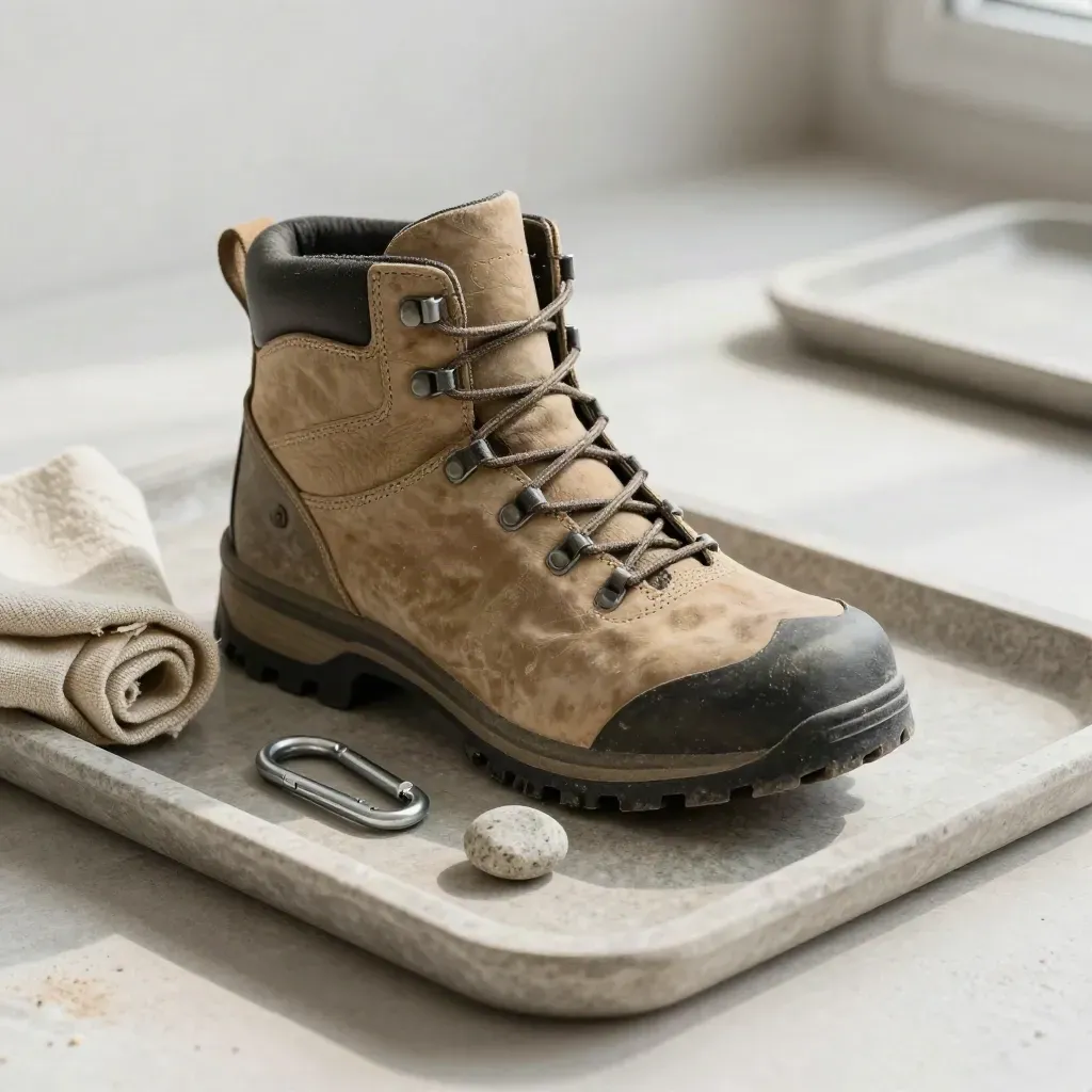 Weathered hiking boot, waxed cloth, carabiner and granite pebble on a stone tray.