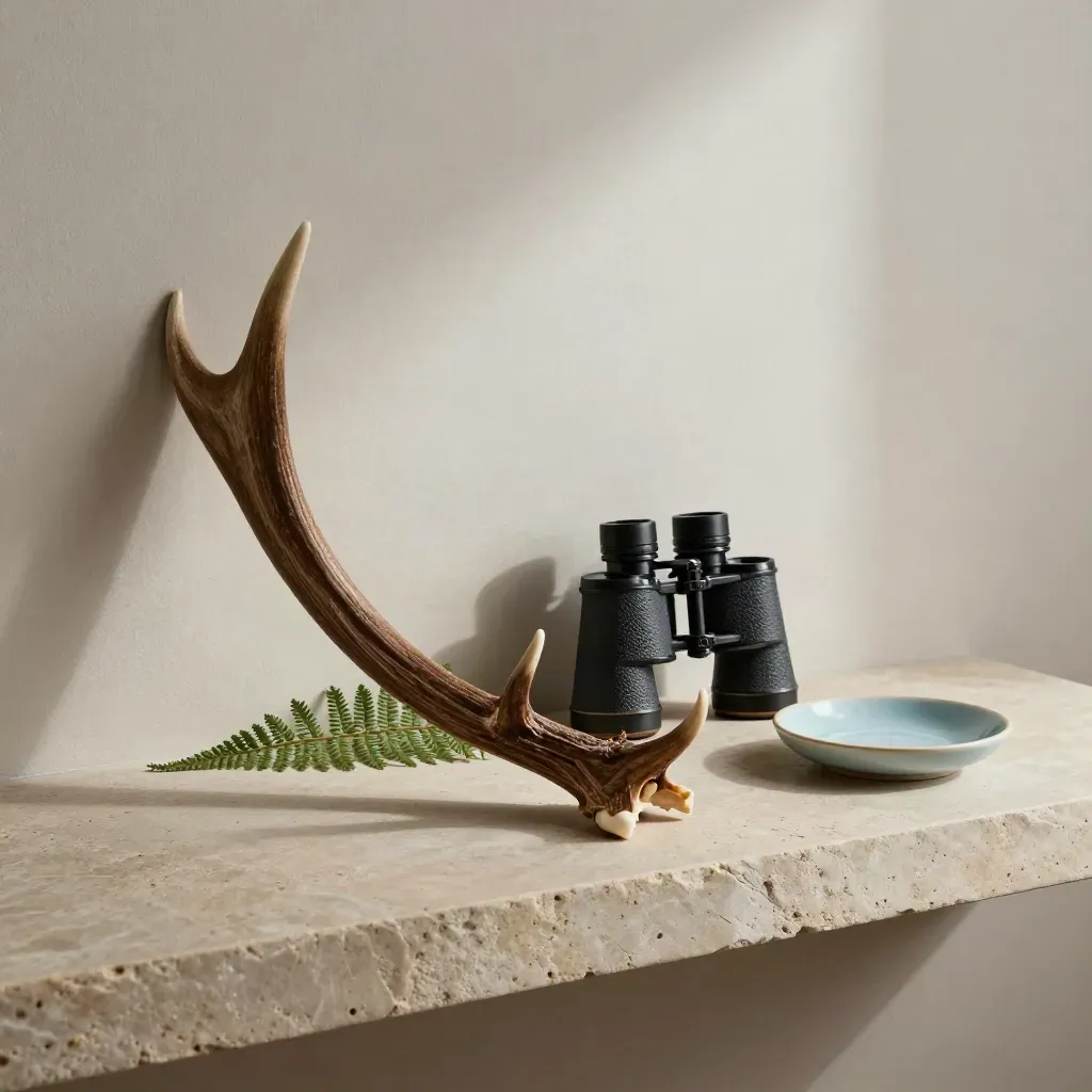 Elk antler shed, binoculars, fern frond, and blue-glazed dish on a stone shelf.