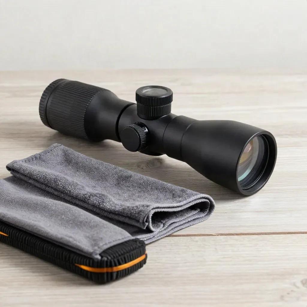 Spotting scope eyepiece, fleece, cloth, and gear case on pale wood in soft side light.