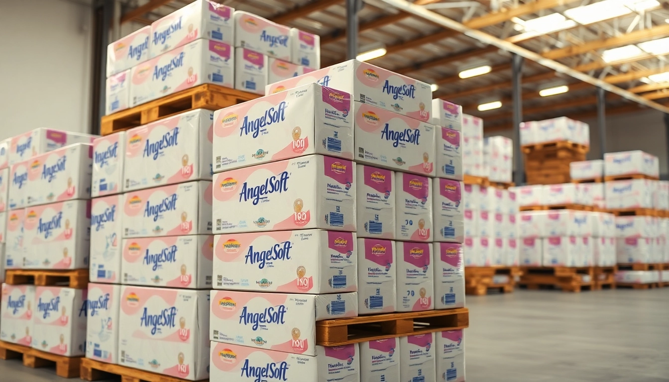 Showcasing Angel Soft Toilet Paper Pallets in a neatly organized warehouse setting.