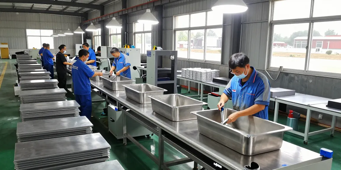 Stainless steel basin factory interior showing skilled workers assembling basins with precision.