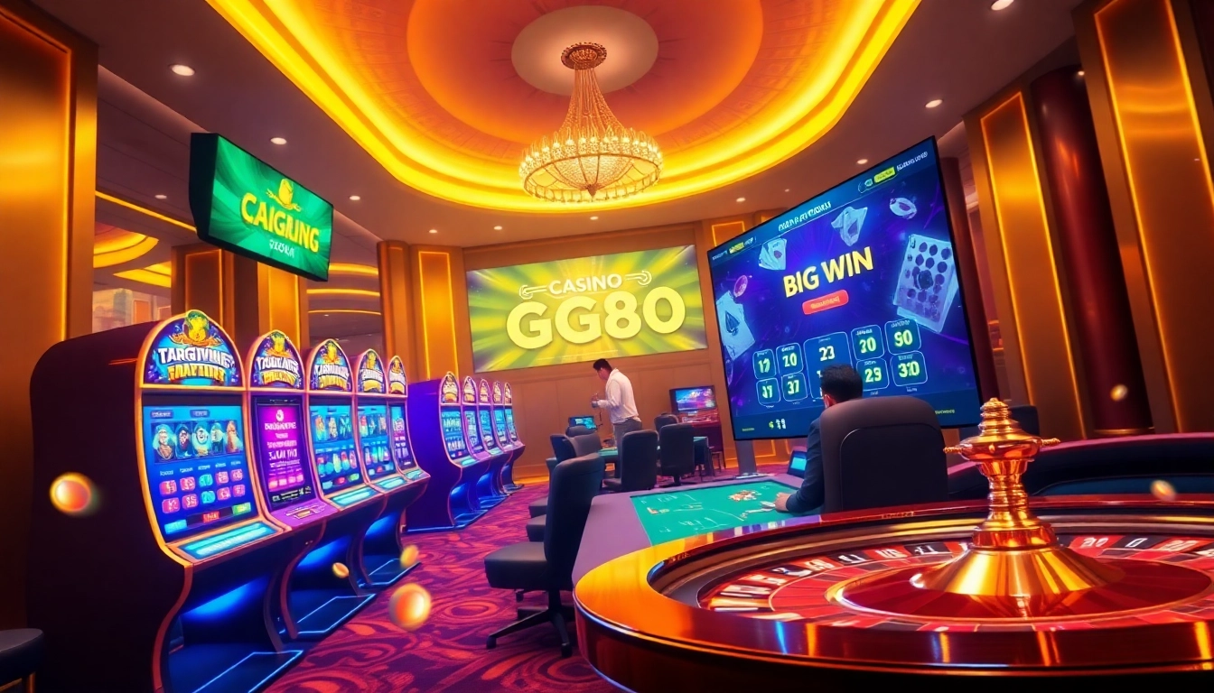 Engaging scene at Trang chủ GG88, highlighting thrilling online gambling with casino tables and bright slot machines.