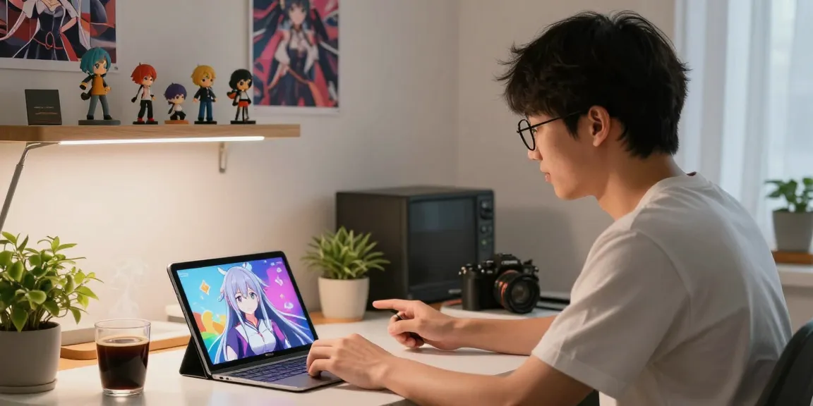 Interactive ecchi AI chat scene with a young man enjoying animated character interactions in a cozy home office.