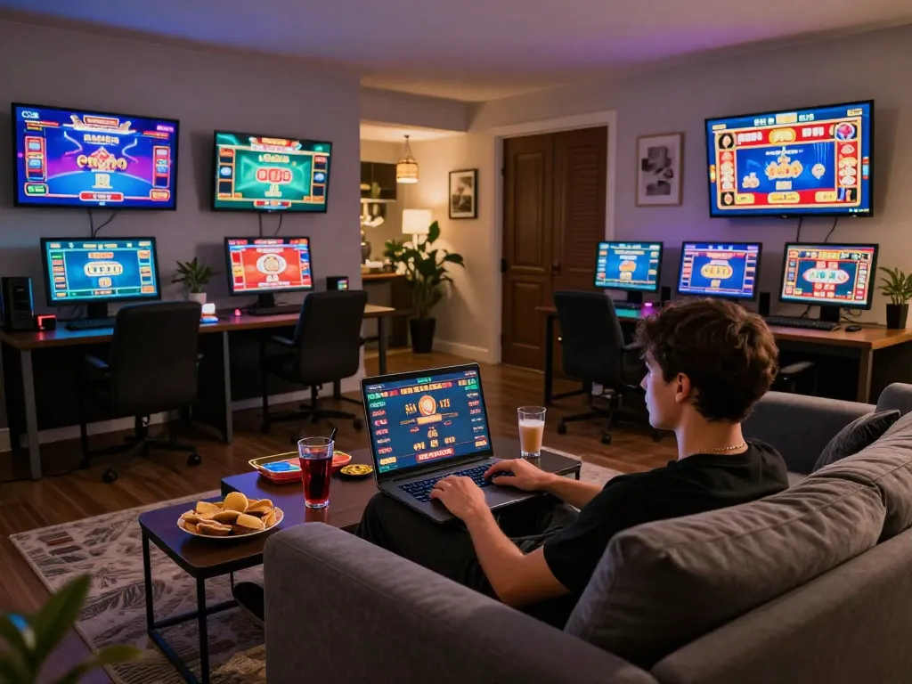 Engaged player at home using BL555 for online casino gaming on a laptop