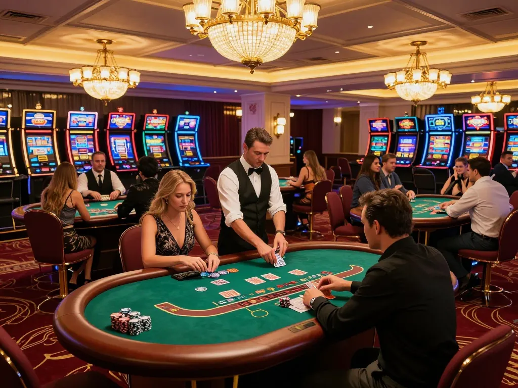 WW88 players engaged at blackjack table with lively casino atmosphere and warm ambient lighting.