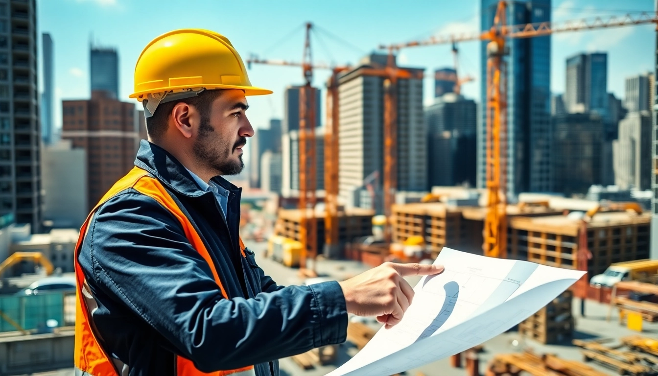 New York Commercial General Contractor managing a NYC construction site with blueprints.