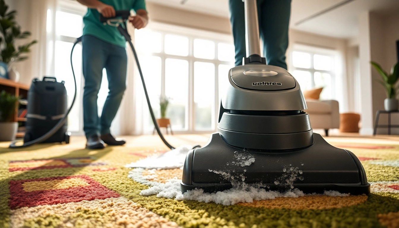 Carpet cleaners Roseville CA using professional equipment in a bright living room.