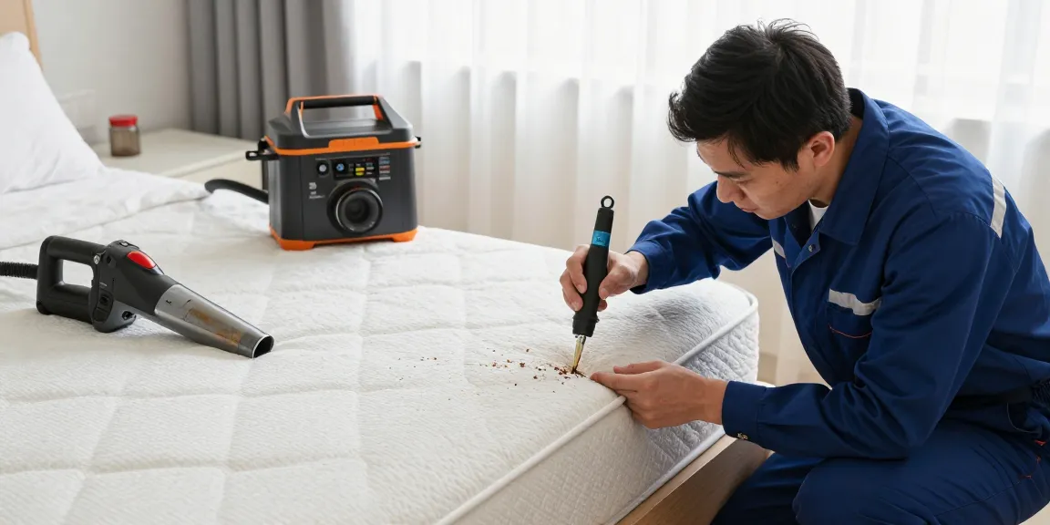 bed bug exterminator inspecting mattress for pests in a clean bedroom setting