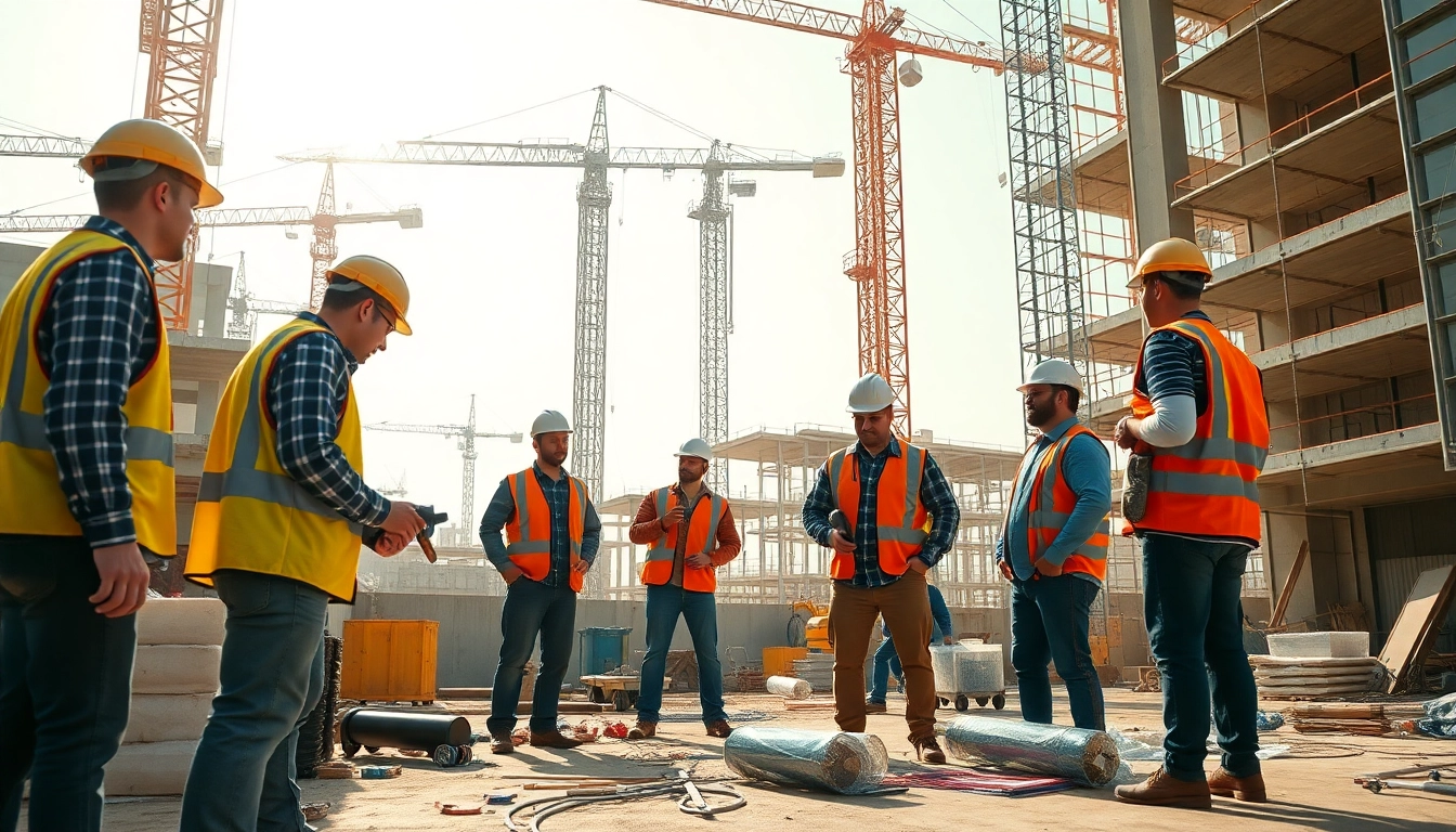 Construction association professionals collaborating at a bustling site with tools and machinery.