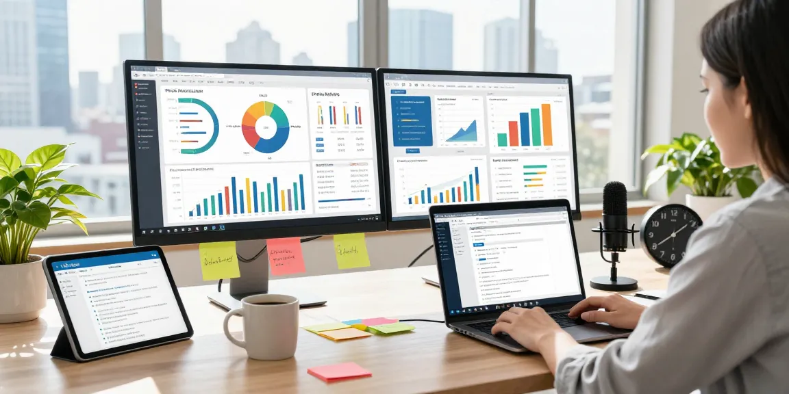 Data analyst managing Residential proxies through dual screens in a modern office setting, capturing productivity.