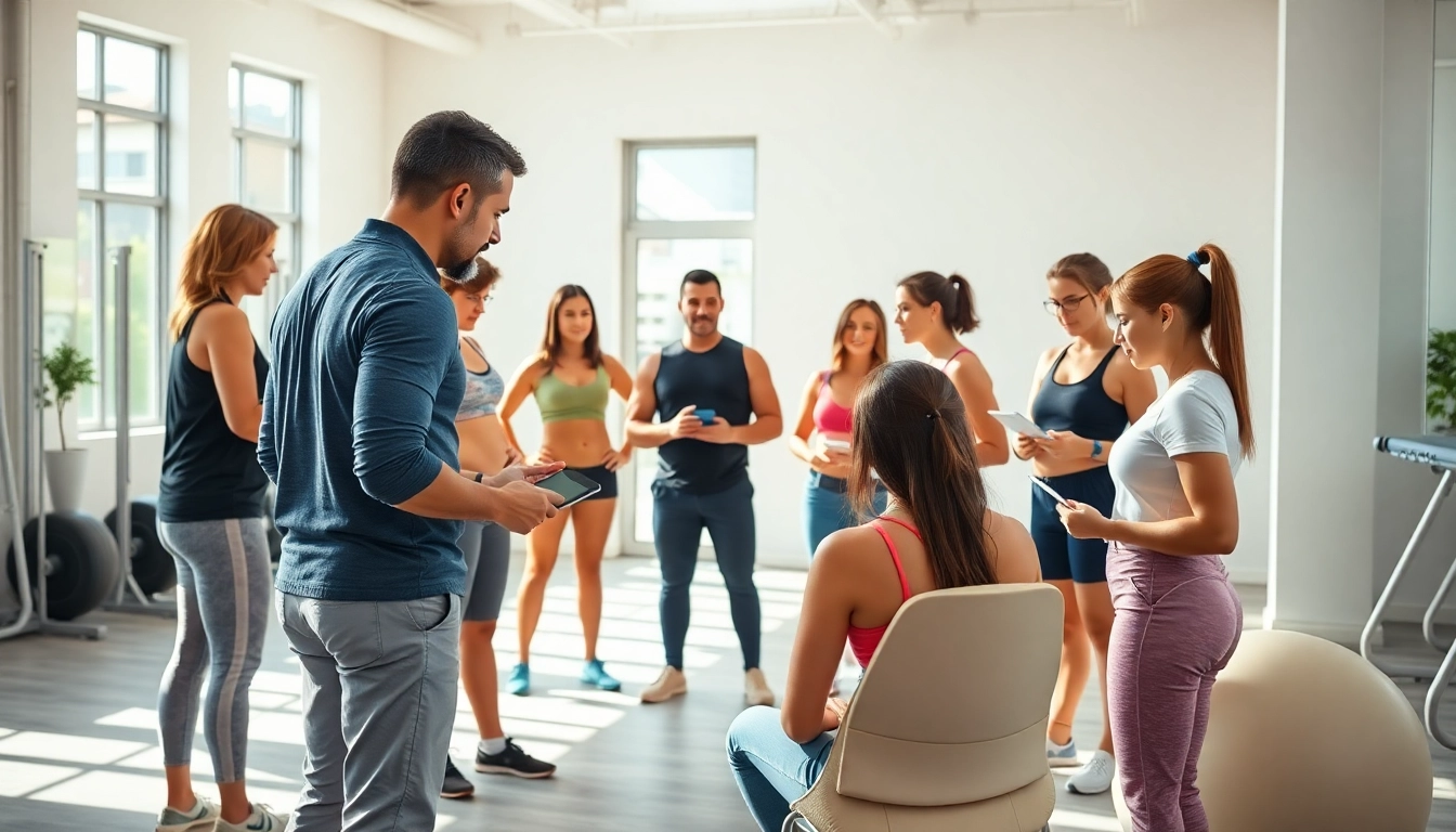 Calculate your fat free mass index in a vibrant gym workshop with diverse participants and tools.