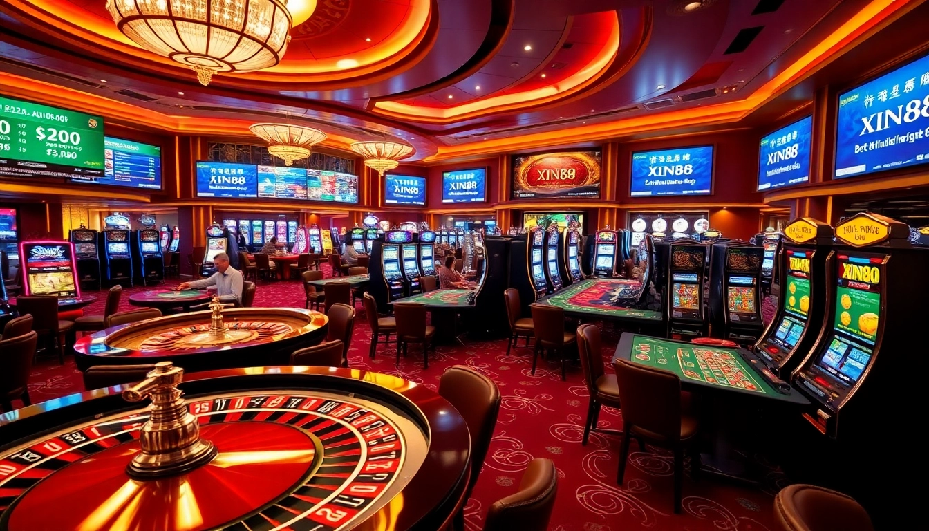 Xin88 gamers enjoying an exciting night at a luxurious casino environment.