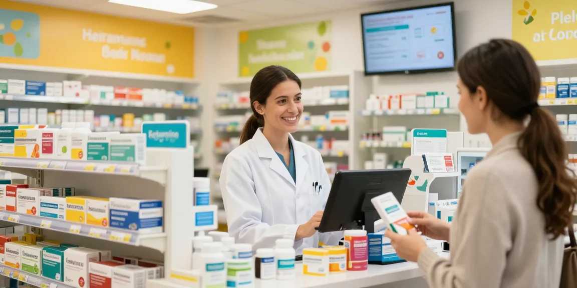 Customer engaging in a pharmacy while exploring ketamine buy options in a vibrant store setting.
