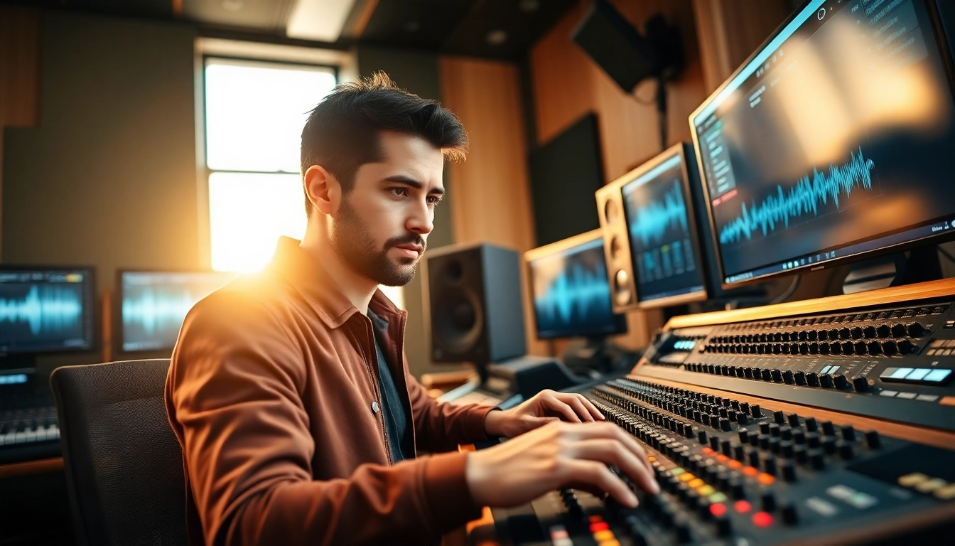 Engineer focused on online mastering in a bright studio with advanced equipment.