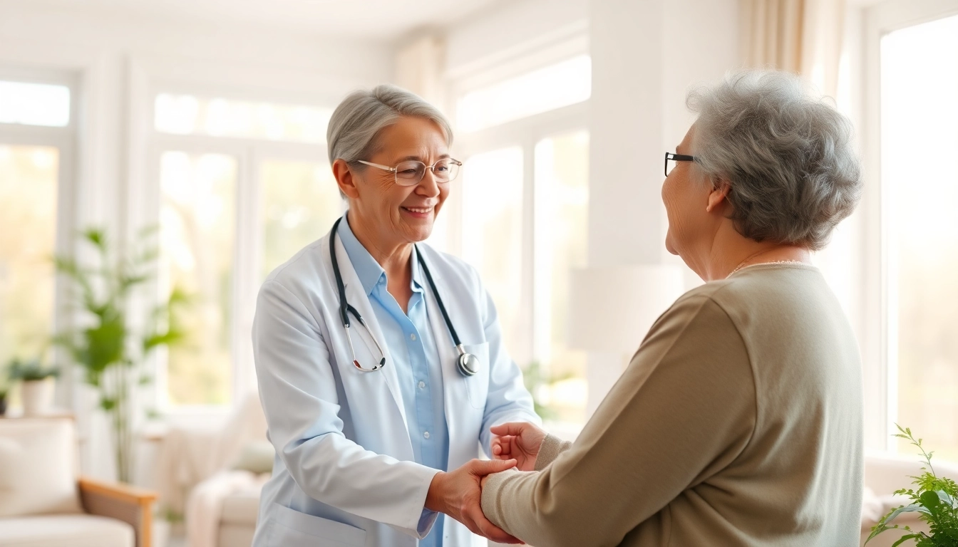 Person receiving in home health care near me from a friendly caregiver in a bright living room.