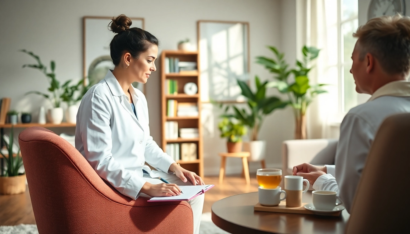 Engaging discussion about mental health tips in a calming therapy office environment.