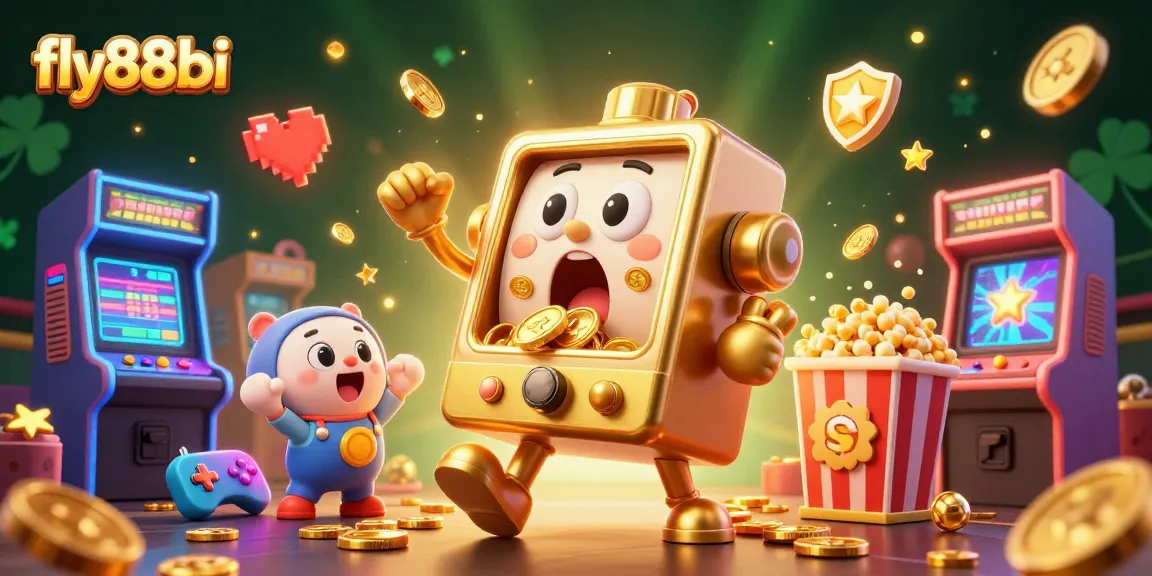 Watch fly88bi's golden slot machine celebrate its jackpot amidst a colorful casino game scene.