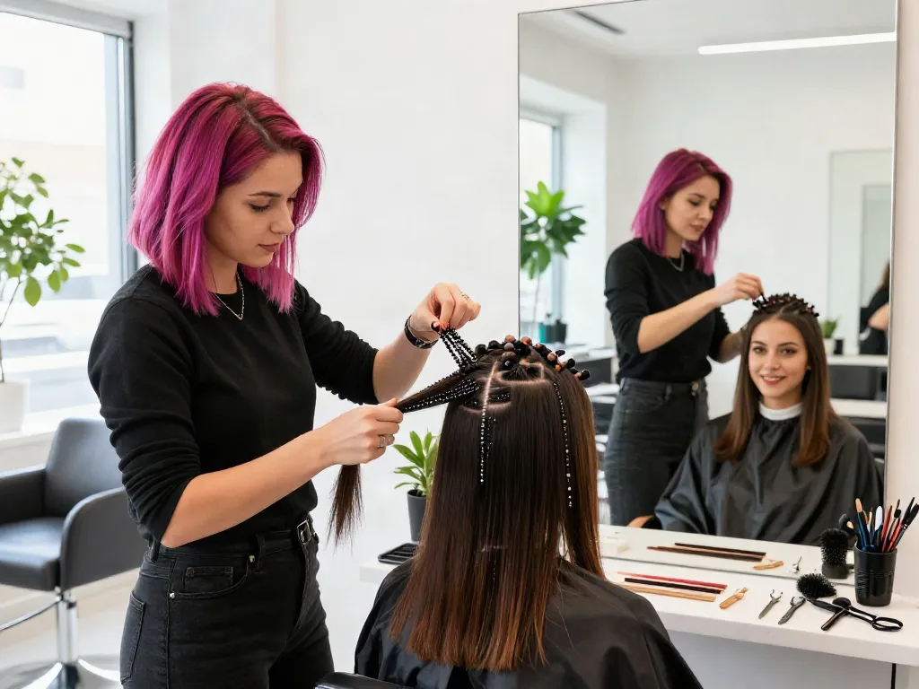 Application of beaded weft hair extensions in a modern salon, showcasing vibrant stylist and enthusiastic client.