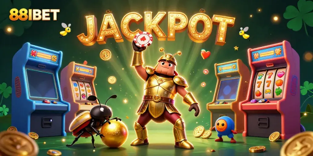 Engage with 88IBET's vibrant 3D scene of a heroic beetle celebrating a jackpot amidst colorful gaming elements.